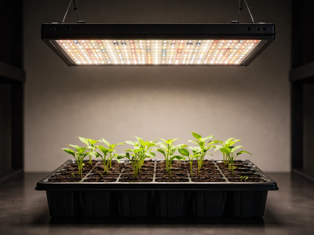 Full-spectrum LED grow light panel glowing over seedlings on a simple grow tray.