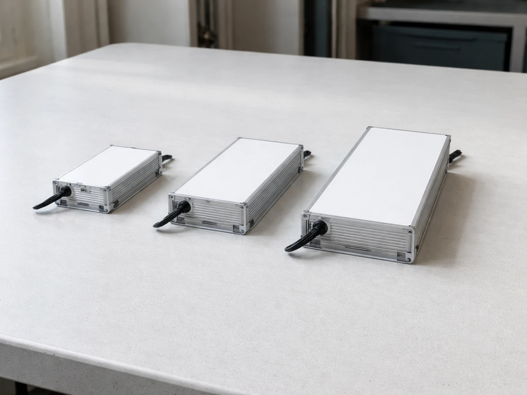 Three different-sized LED panel modules arranged side-by-side on a clean workbench.