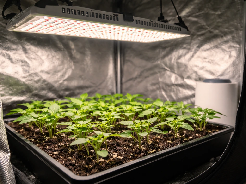 LED grow light illuminating healthy seedlings in an indoor grow tent under simple, even light coverage
