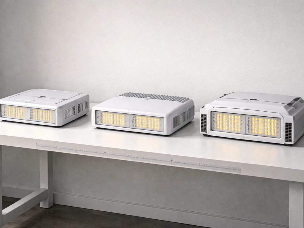 Three boxed grow lights on a clean table, showing a budget-to-midrange comparison feel.