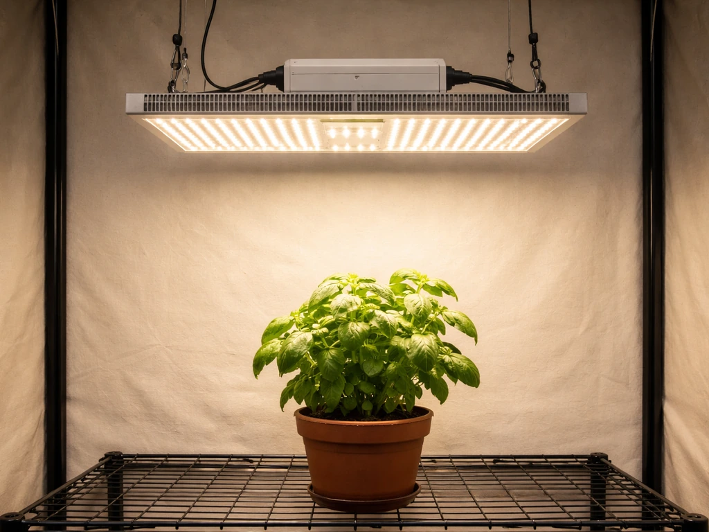 Briignite grow light mounted over a small indoor plant, glowing LEDs in a tidy grow corner.