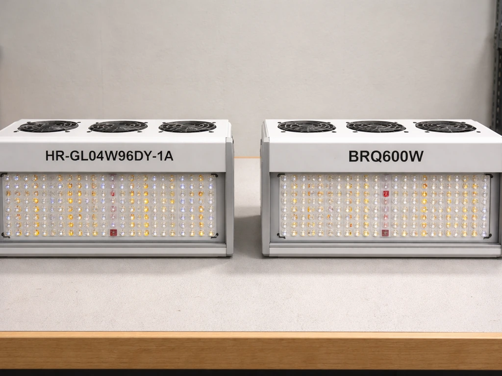 Two Briignite LED grow lights side-by-side on a workbench, showing model identifiers and wattage/size cues.