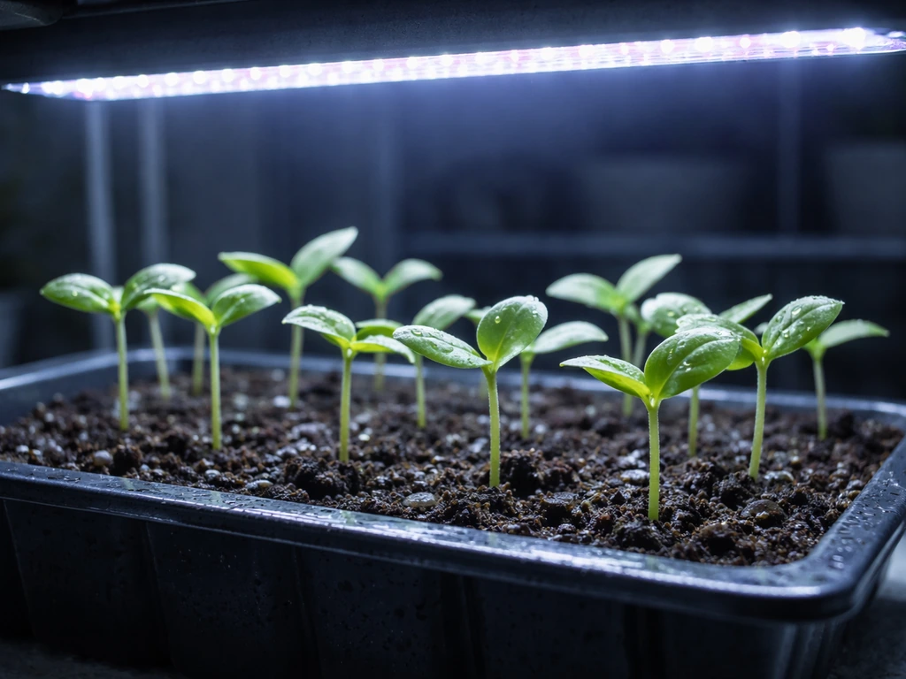 Seedlings under a grow light with blue-forward illumination in a simple propagation tray