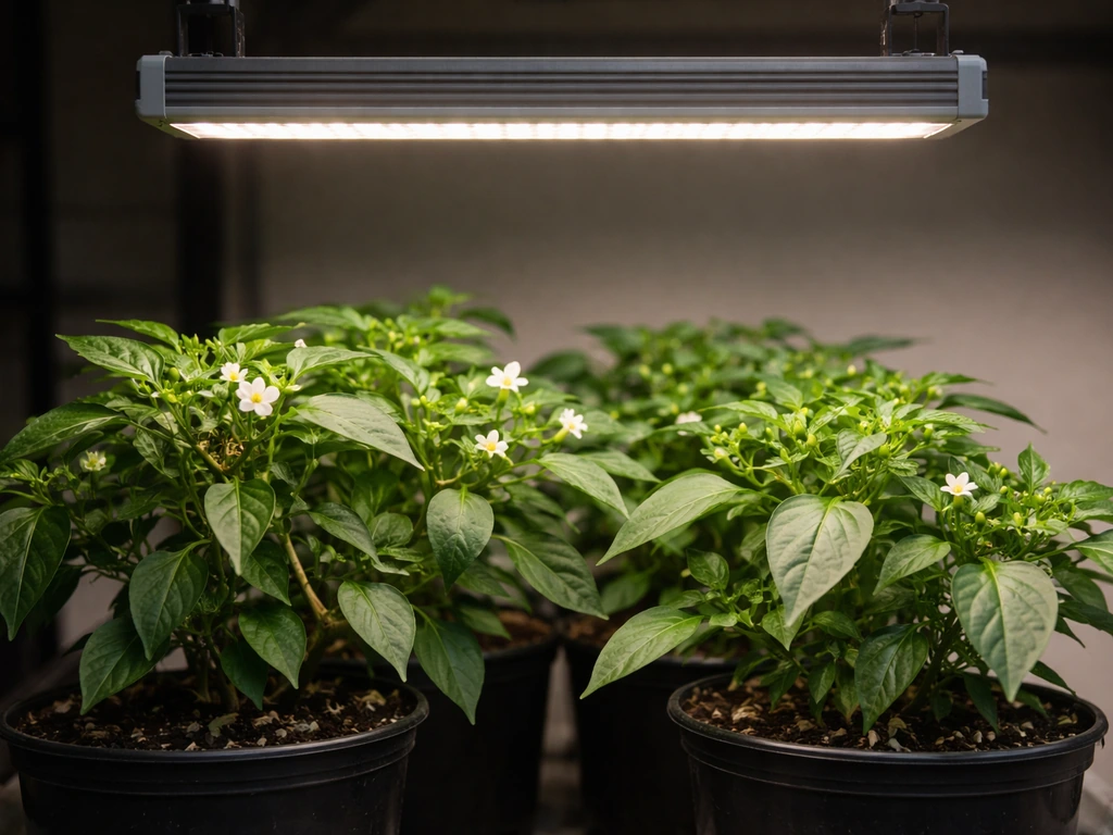 Flowering canopy under a grow light with visible fixture height over the plants for comparison