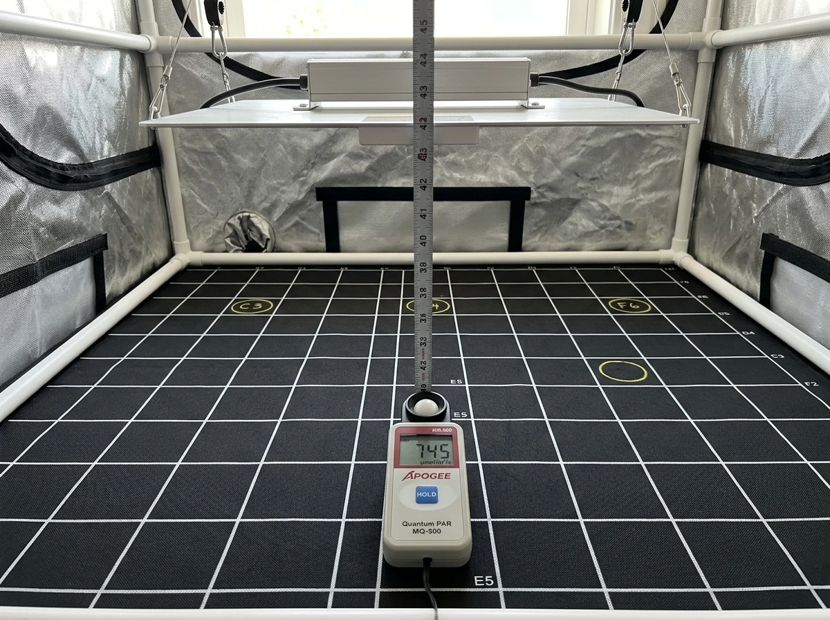 PPFD coverage uniformity using a handheld light meter over a grid