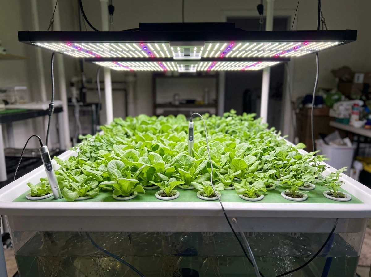 Hydroponic canopy showing uniform light coverage under LED