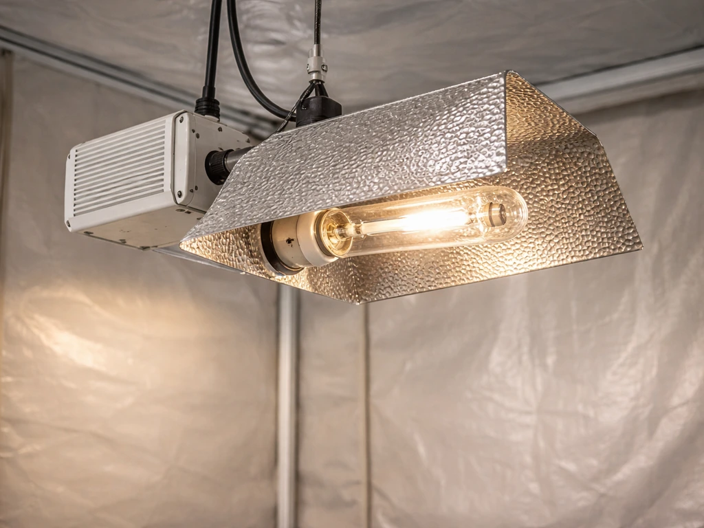 Complete CDM/CMH grow light fixture in an indoor grow tent with reflector and ceramic lamp visible.