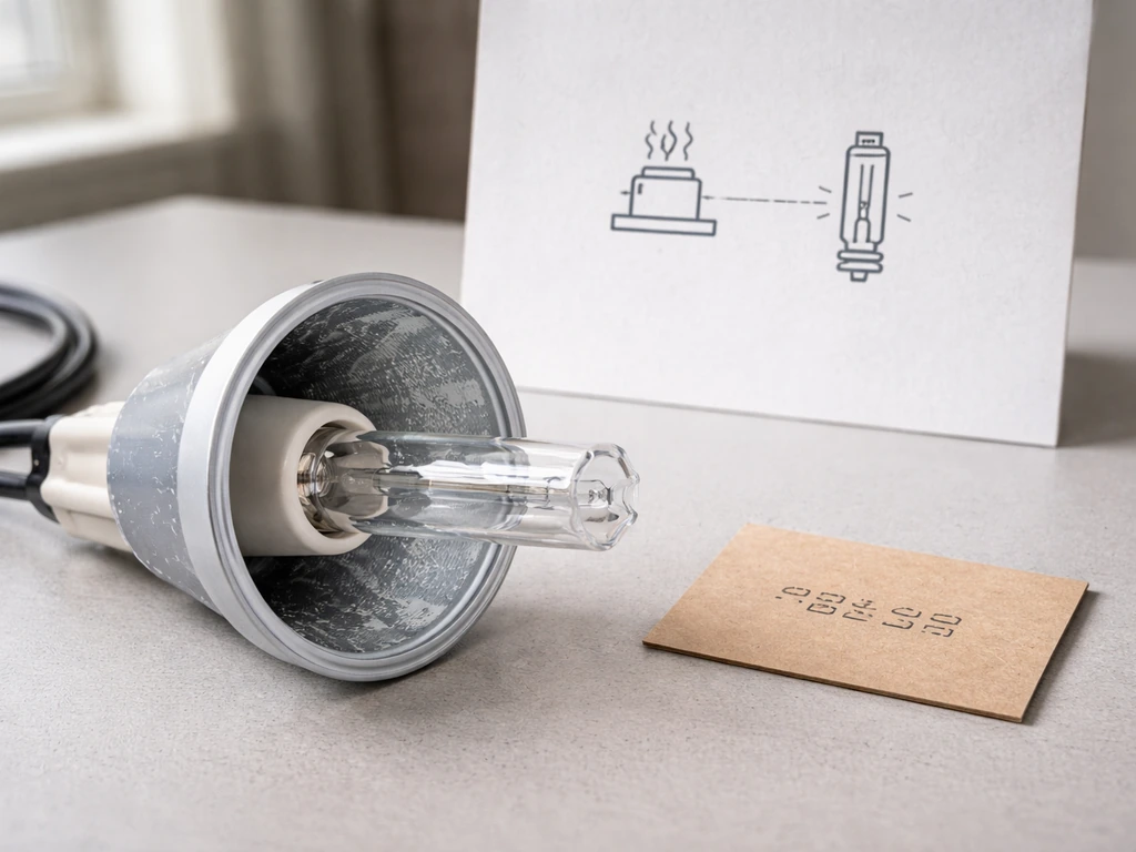 Close-up of a ceramic discharge metal halide grow lamp with a simple schematic showing “CDM” meaning.