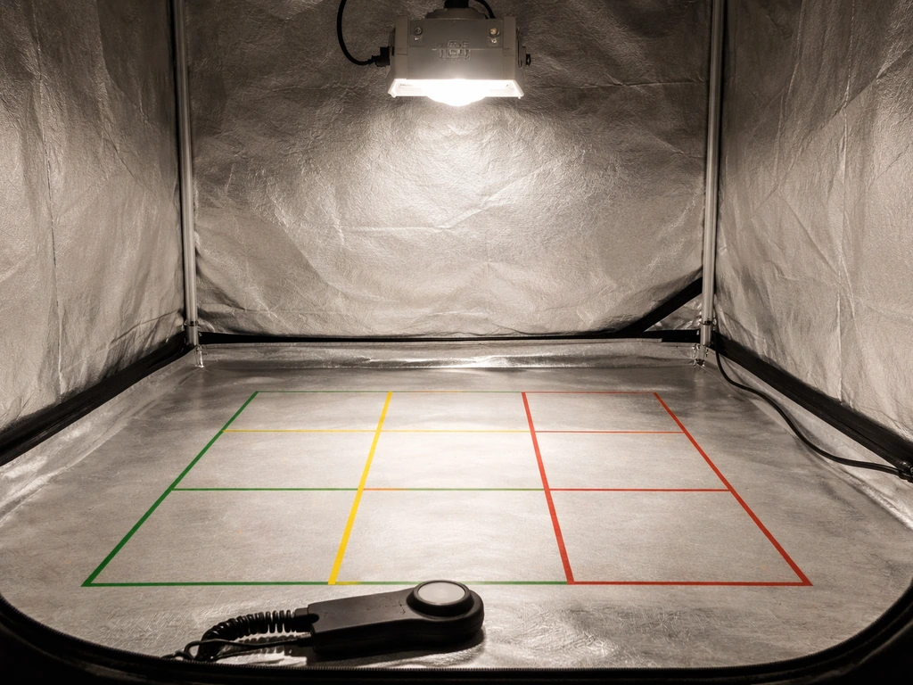 Grow tent floor with taped 3x3 grid under a 315W lamp, brighter center glow and dimmer edges.
