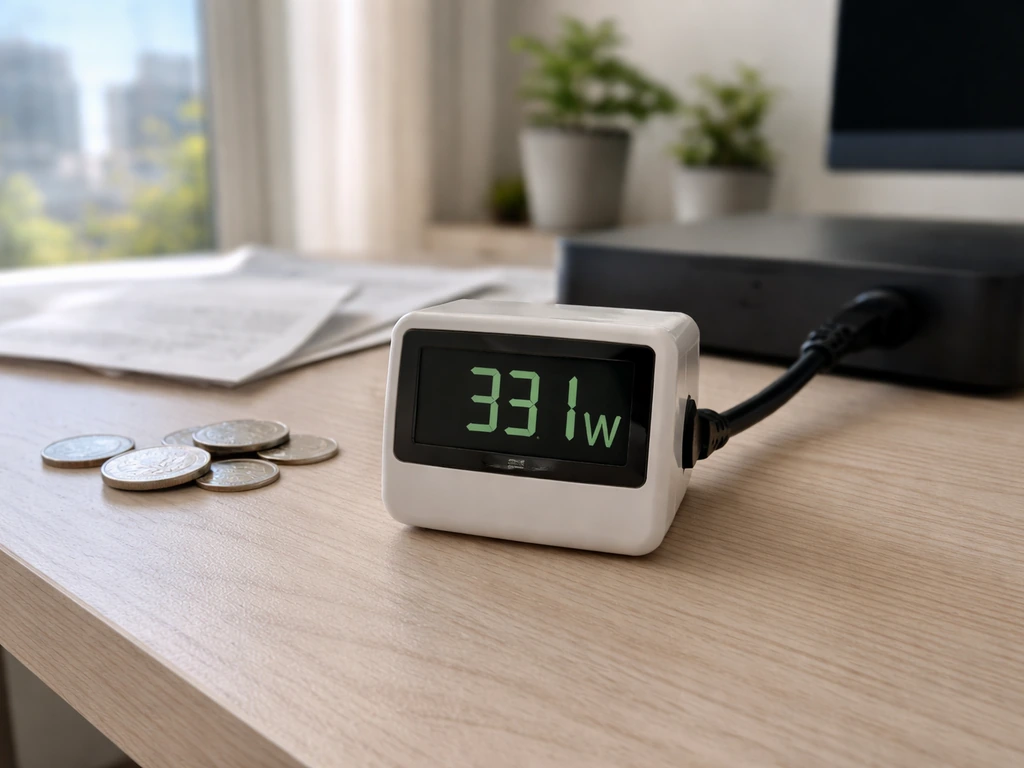 Watt meter and power cord beside a dim office desk with cost symbols, showing energy use and monthly estimate.