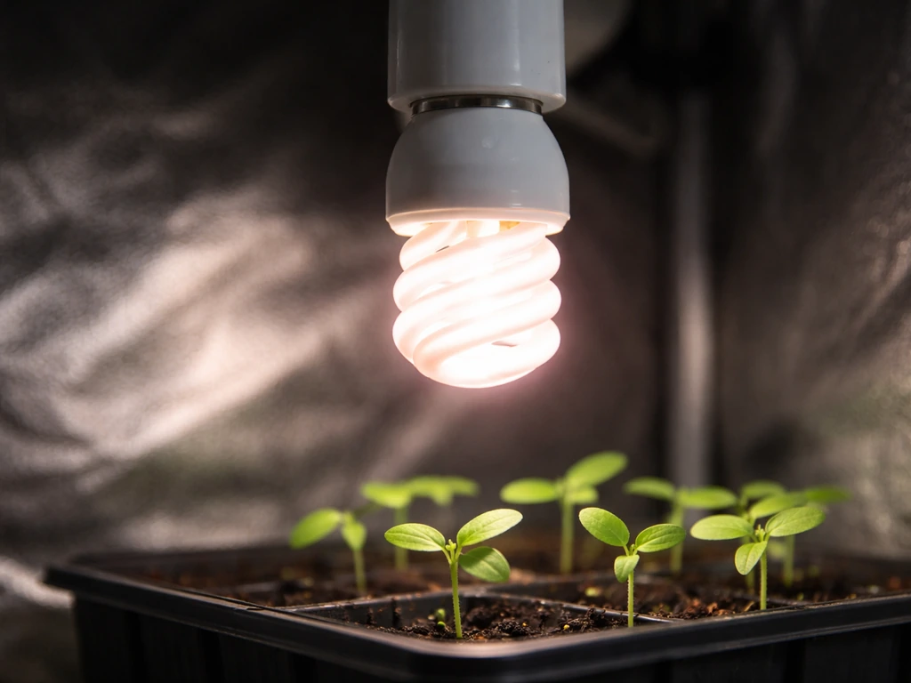 Close-up of an E27 grow bulb glowing over a small tray of seedlings in a tidy grow setup.