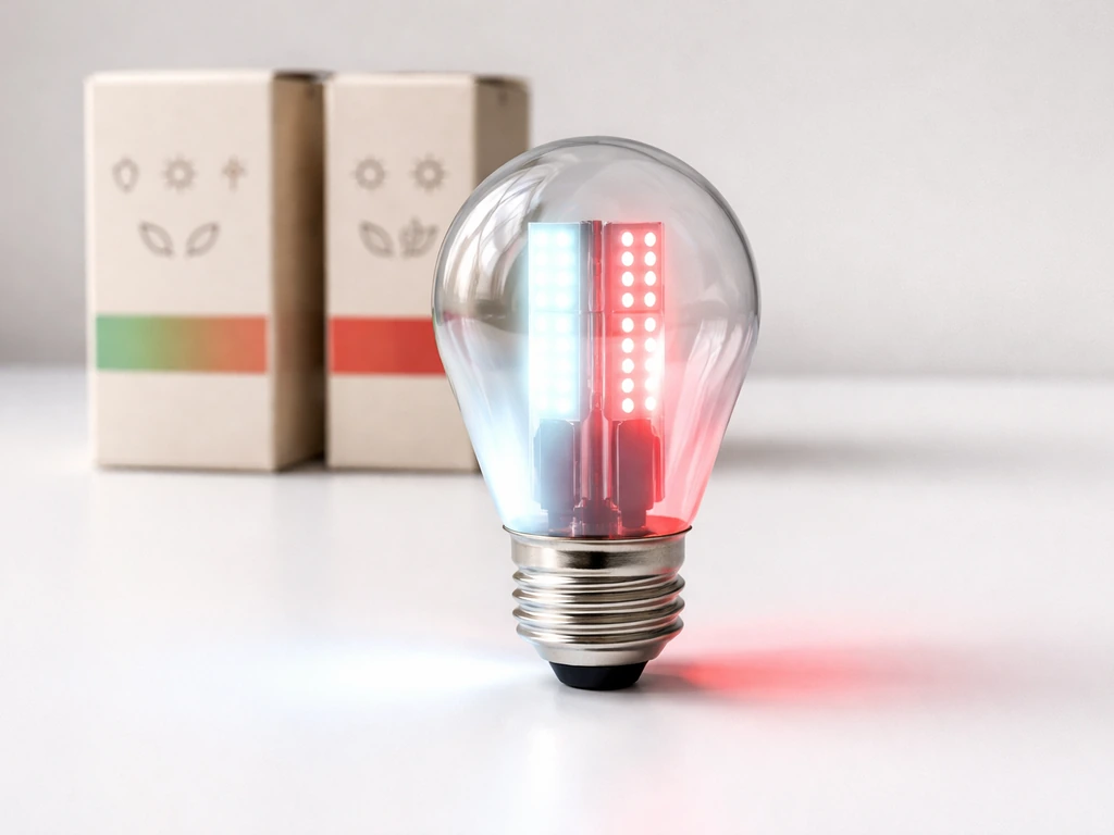 Close-up of an E27 grow bulb on a white surface with cool white and deep red light glow effects.