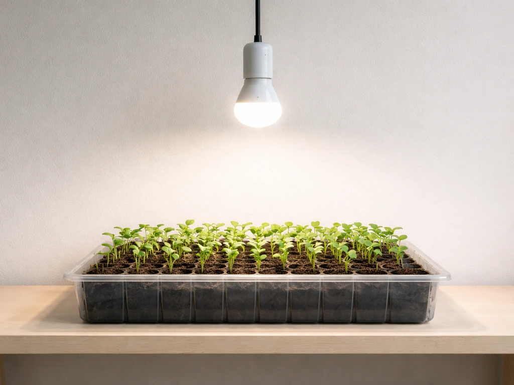 Seedling tray under a single hanging grow bulb, evenly lit with small green seedlings.