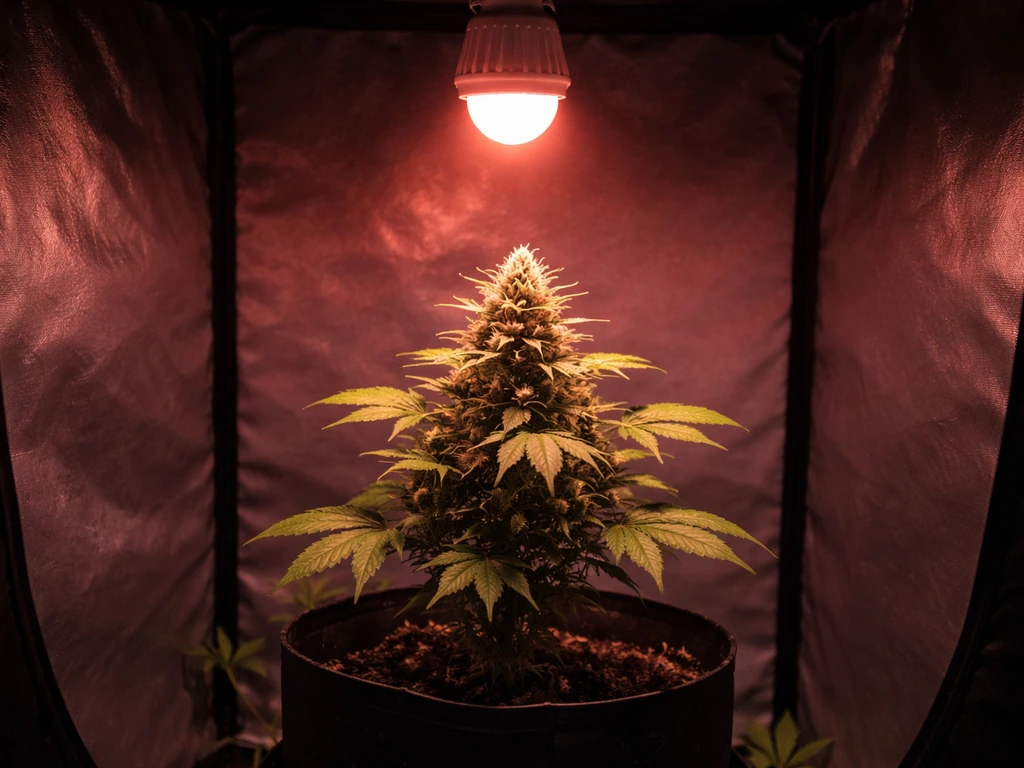 Budding cannabis plant under a hanging LED grow bulb emitting warm red-pink bloom light.