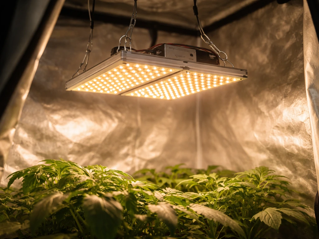 Spider Farmer SF1000 LED grow light hanging in a small grow tent over healthy leafy plants.
