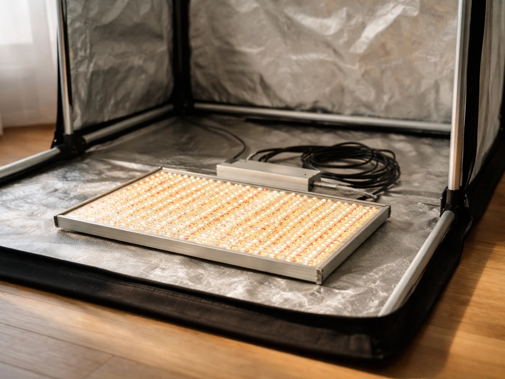 Compact LED grow light resting over a small grow tent area to show coverage and value.