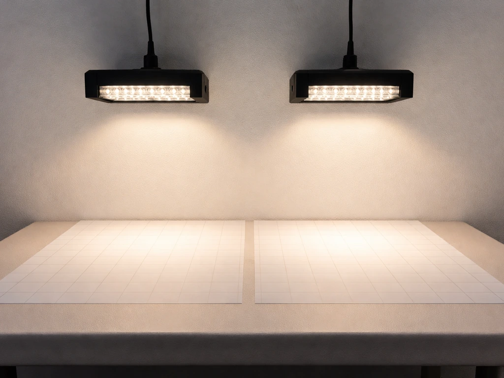 SF-1000 grow light test setup with a visible measurement grid on a tabletop, side-by-side lighting performance.