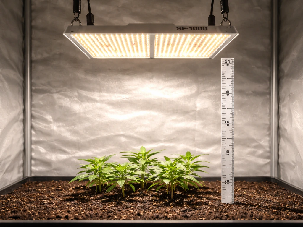 SF-1000 grow light hanging above plant canopy with a tape measure marking seedling and vegetative height