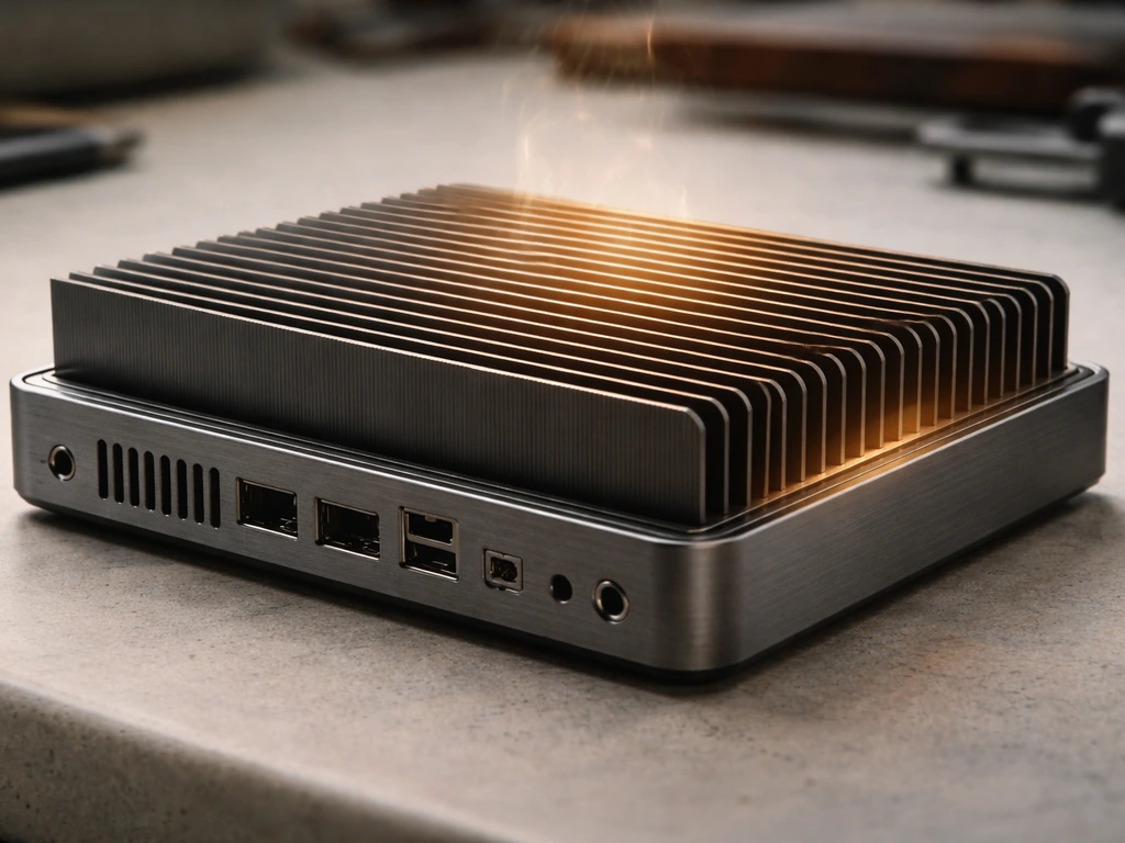 Close-up of a fanless device’s heatsink and chassis finish with subtle heat effect during operation.