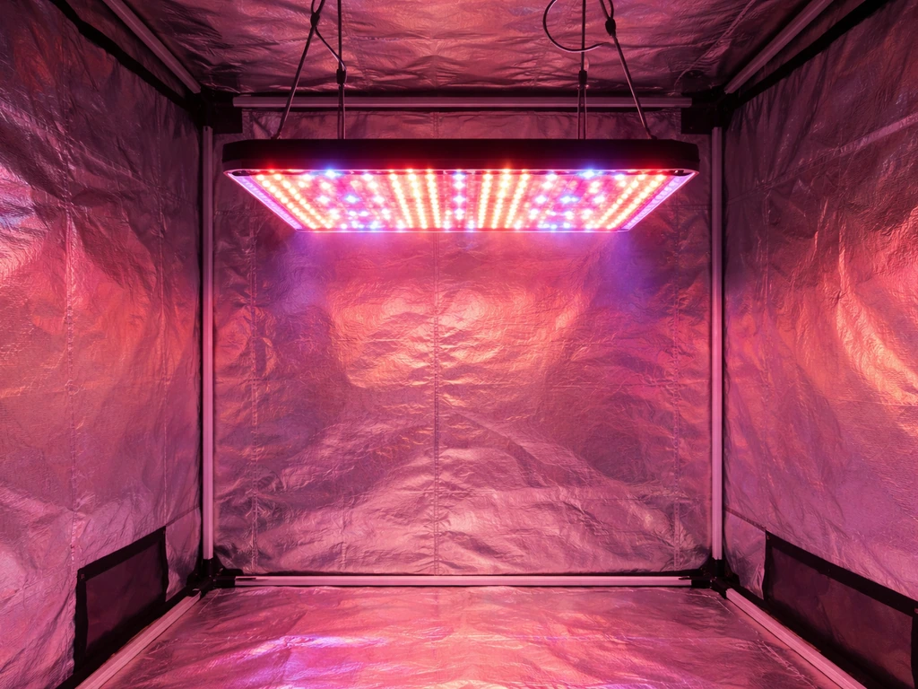 Hipargero HG-2500 grow light glowing inside a 3x3 grow tent with full-spectrum blue/red light mix