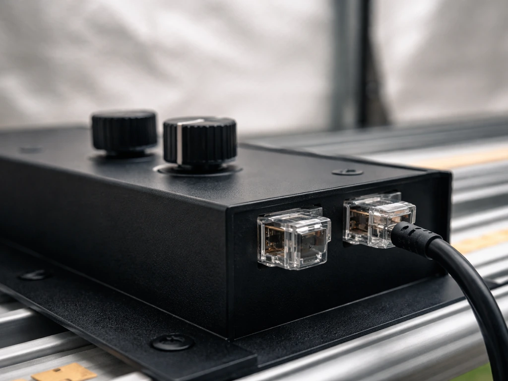 Close-up of a dimming grow light control area with visible daisy-chain and RJ12-style ports.