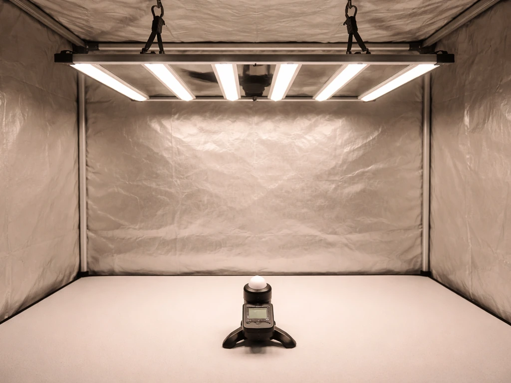 LED grow light mounted in a 3x3 tent with a PPFD meter set at center height.