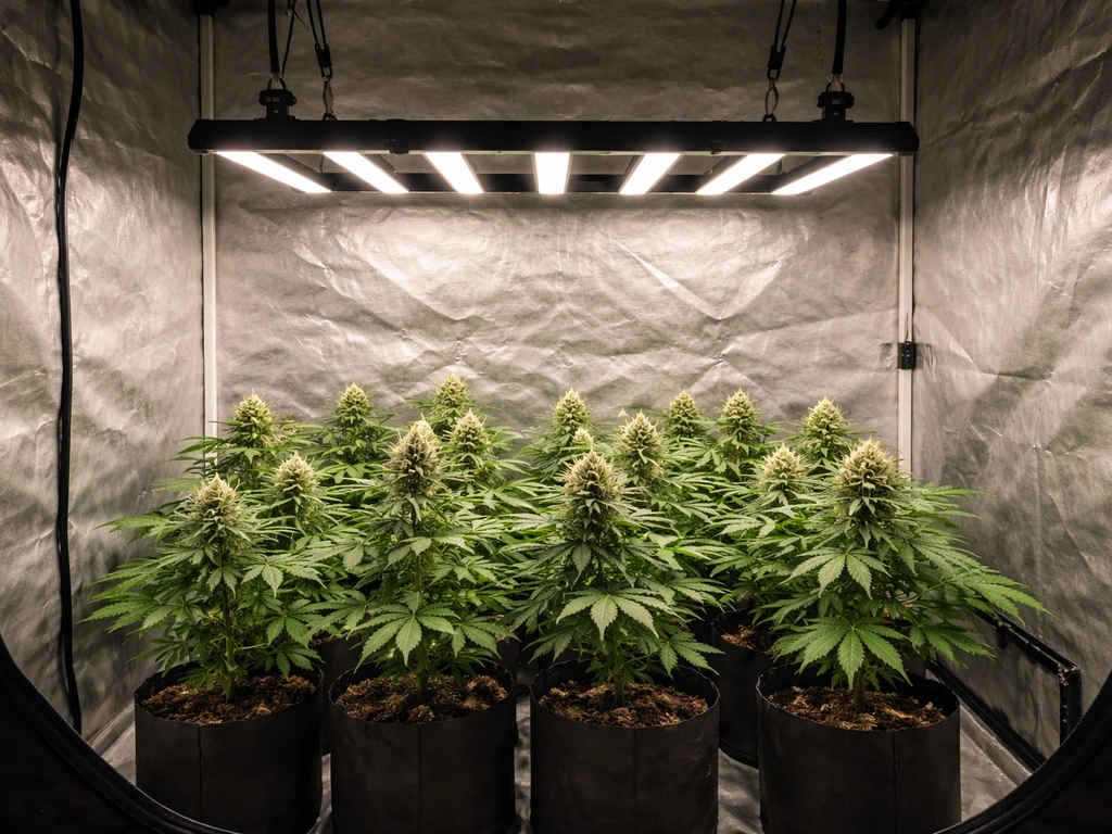 HG-2500 LED grow light hanging over a small 3x3 tent with neatly arranged flowering plants