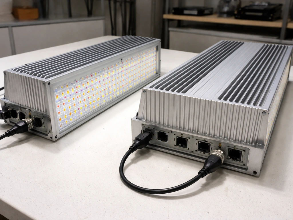 Two grow light fixtures side by side on a bench, showing LED layout and RJ-style control ports.