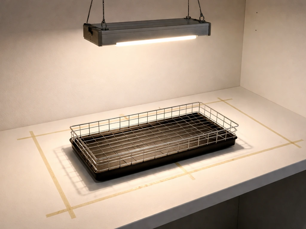 Overhead view of a grow light illuminating a small plant tray with a clear coverage area on the surface