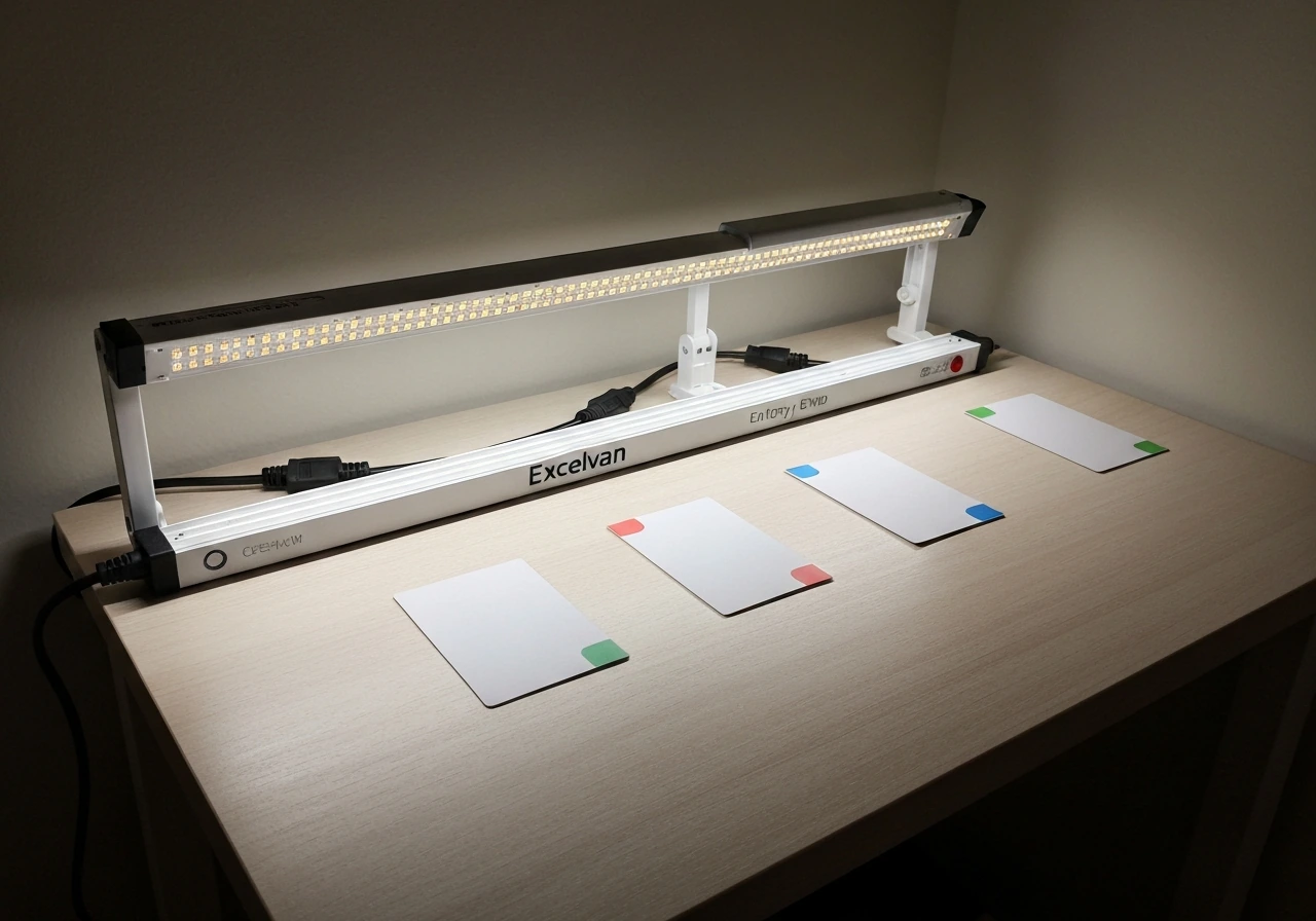 Excelvan 45W grow light on a tabletop beside two entry-level grow lights with simple spec cards