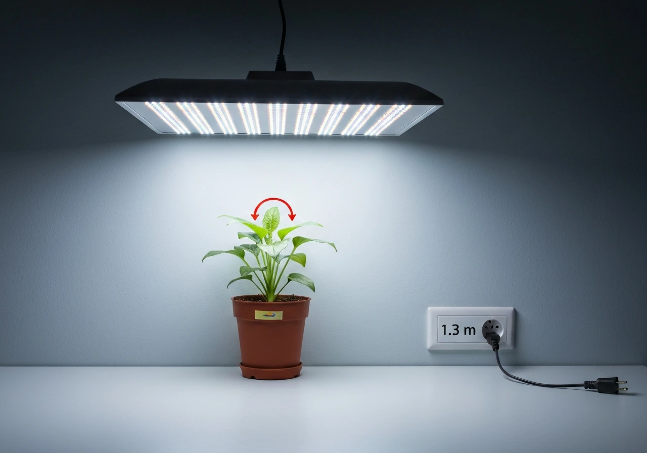 A potted plant under an LED canopy shows a brighter center glow and a short power cable limiting placement.