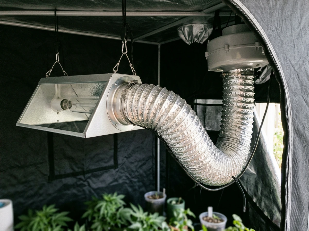 Air-cooled grow hood with 6-inch duct flange connected to inline fan