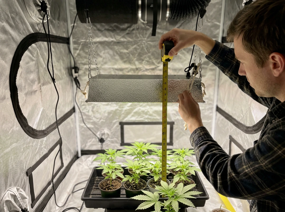 Hang height adjustment: grow light hood raised/lowered above canopy