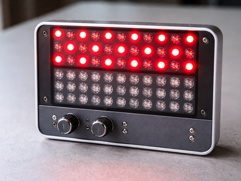 Close-up of an LED/NIR panel showing red and near‑infrared diode layout with simple dimmer/timer knobs