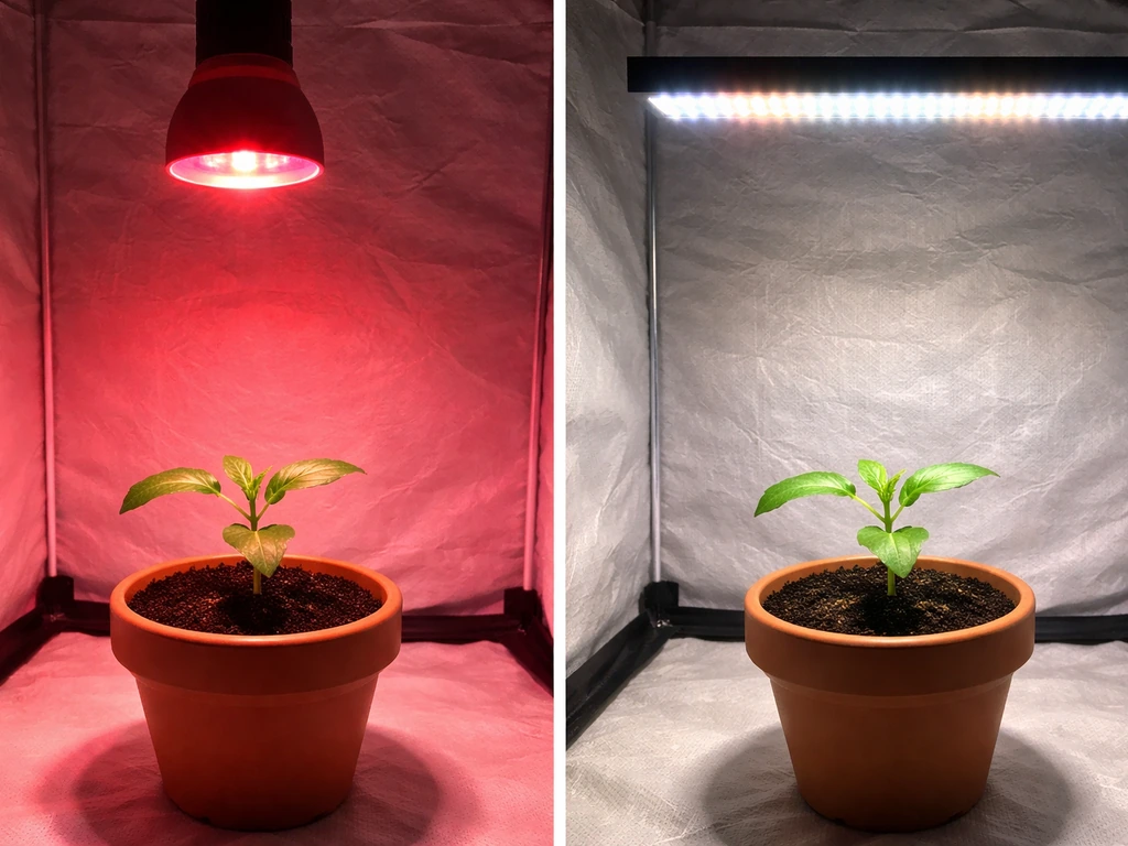 Two seedlings under red-only and full-spectrum grow lights, side-by-side for a spectrum comparison.