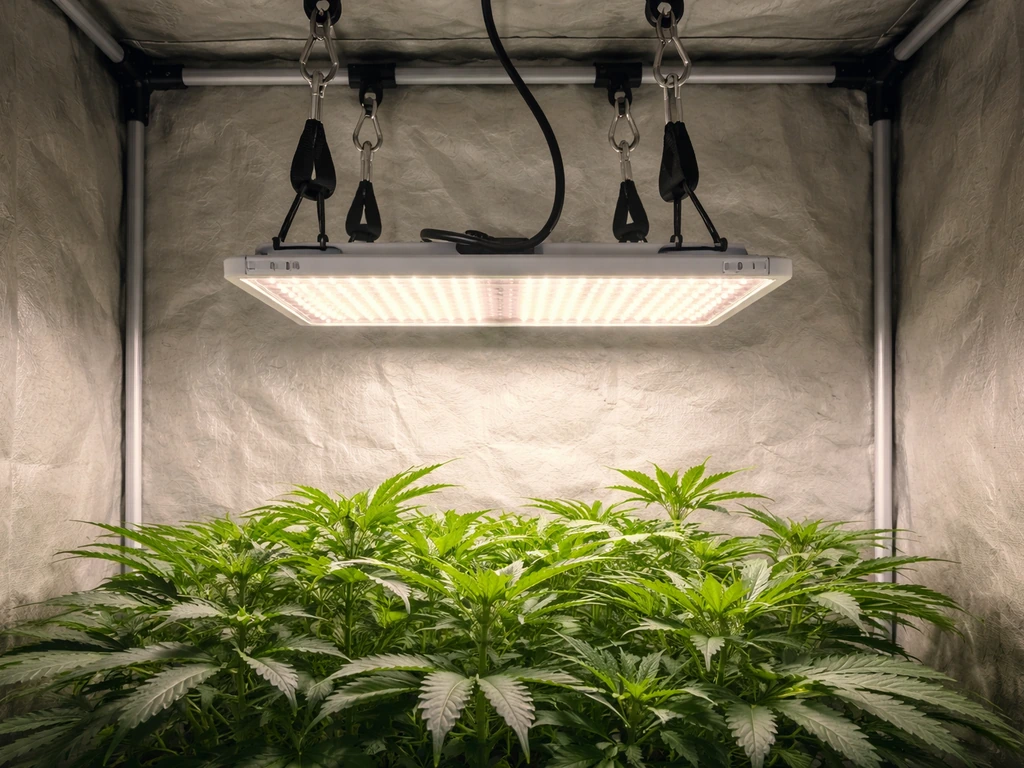 Side view of a grow tent with an S360PRO-style LED panel mounted at height above a plant canopy.