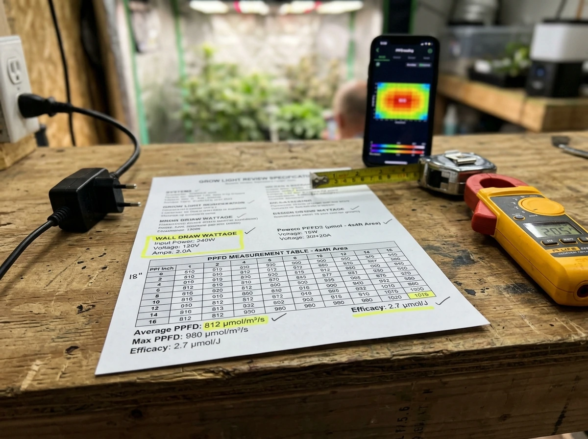 Grow light review spec sheet showing measured wall draw watts and PPFD methodology