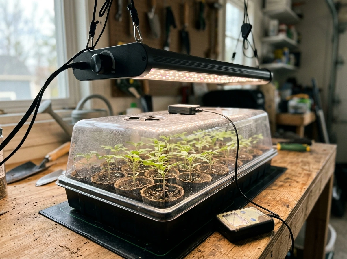 Dimmable LED set to low output over seedling tray with humidity dome