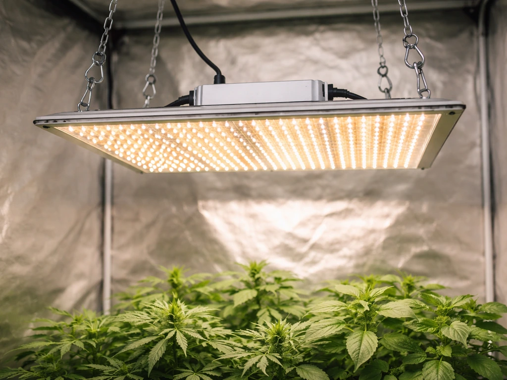 LED grow light panel hanging above a small indoor plant canopy in a grow tent