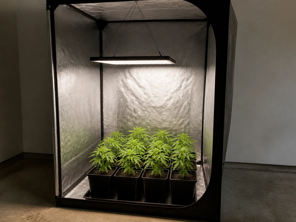 VS2000-style LED grow light hanging above a compact 2x2–3x3 grow tent, showing canopy coverage