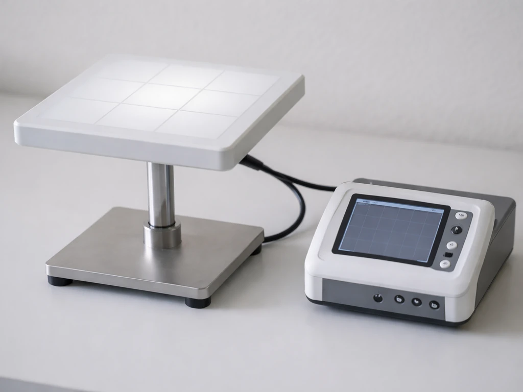 Minimal lab scene with a 3x3 sensor array under a canopy showing a brighter center hotspot.