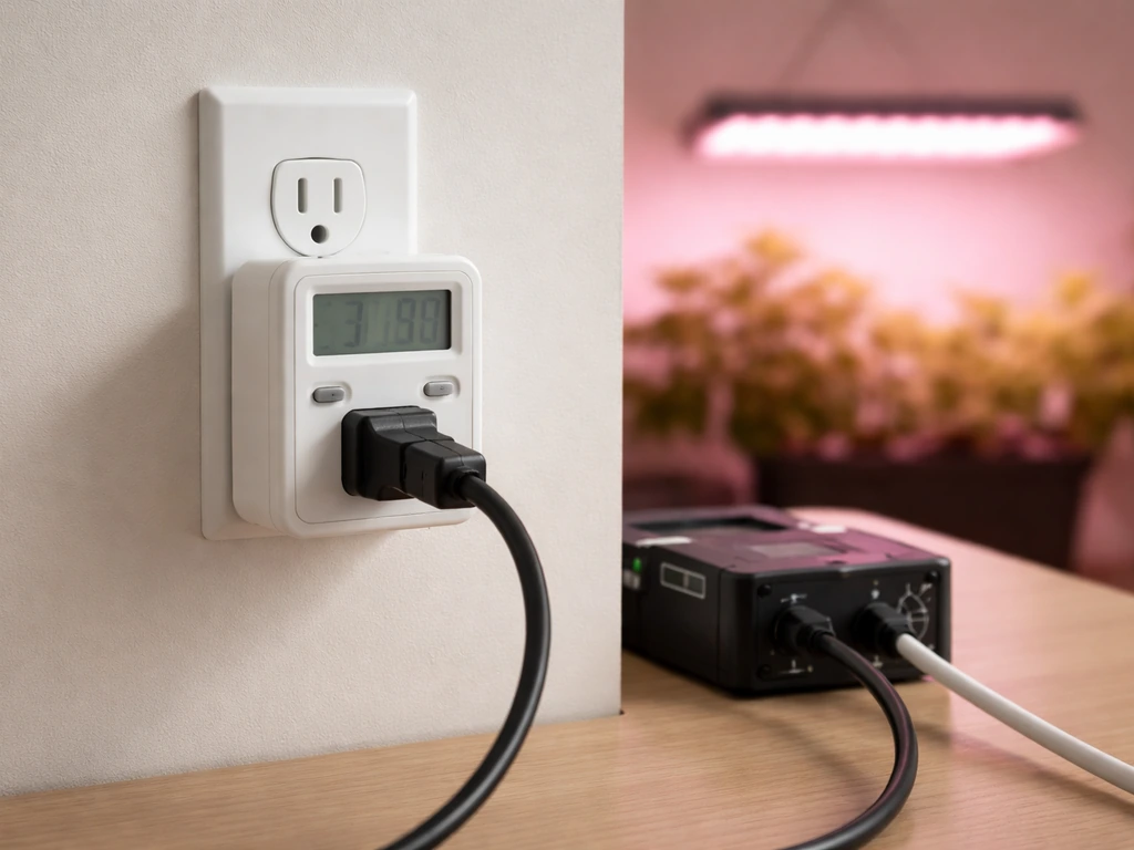 Inline plug-in power meter connected to a grow light, indicating monitored electricity use while it runs.