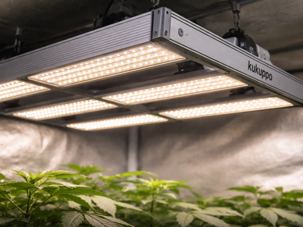 Close-up of a Kukuppo LED grow light fixture mounted over indoor plants.