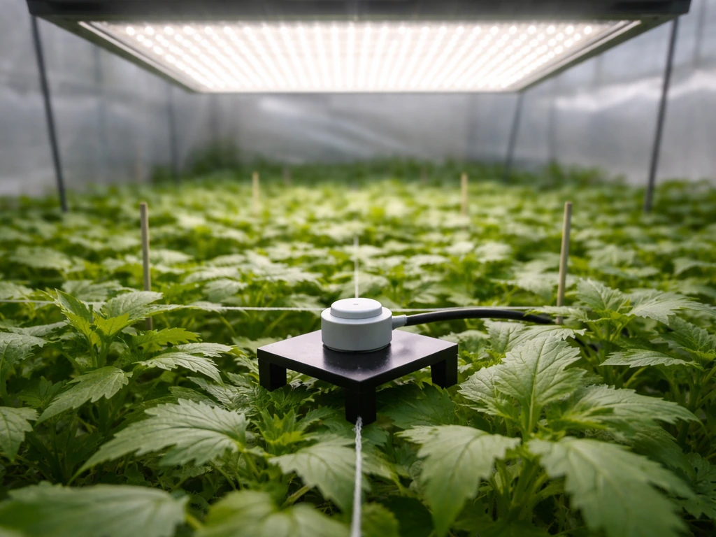 Quantum PPFD sensor probe resting over a grid on a plant canopy beneath a greenhouse grow panel.
