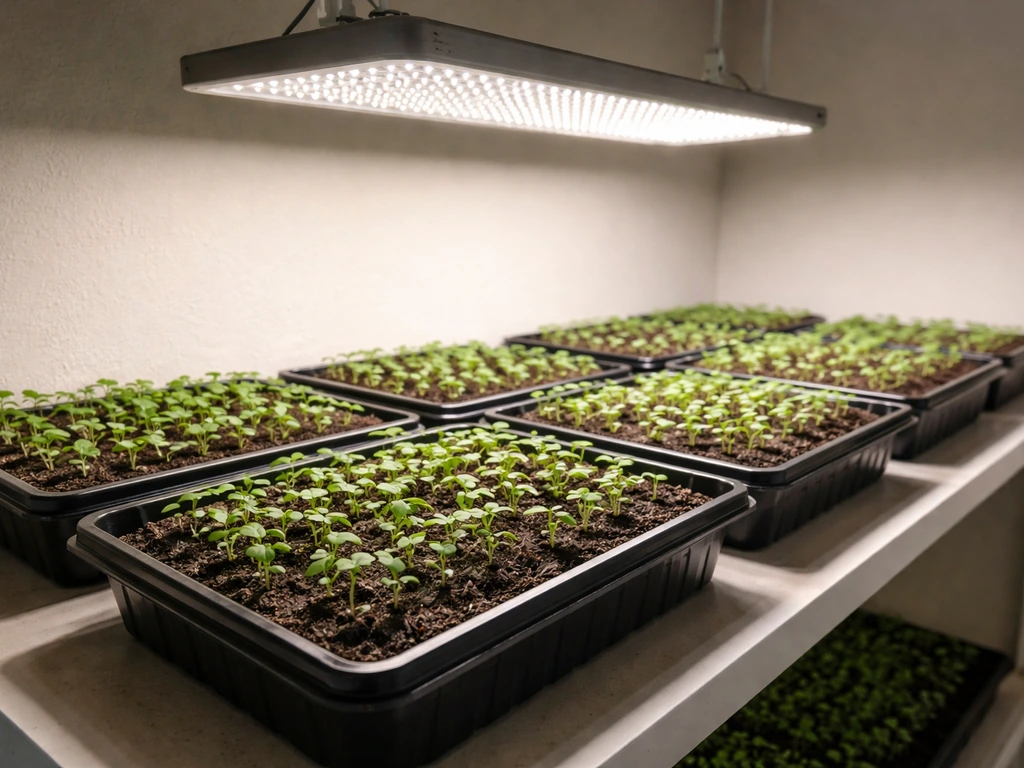 Seedling trays under a dimmed hanging LED grow panel, green sprouts lit evenly in a simple indoor setup.