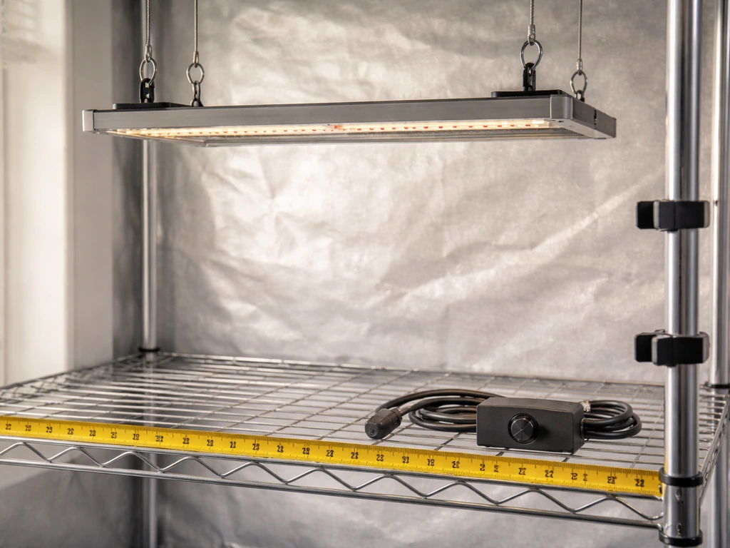 Grow tent shelf setup with hanging light hardware, tape measure, and dimmer-style controls for coverage planning