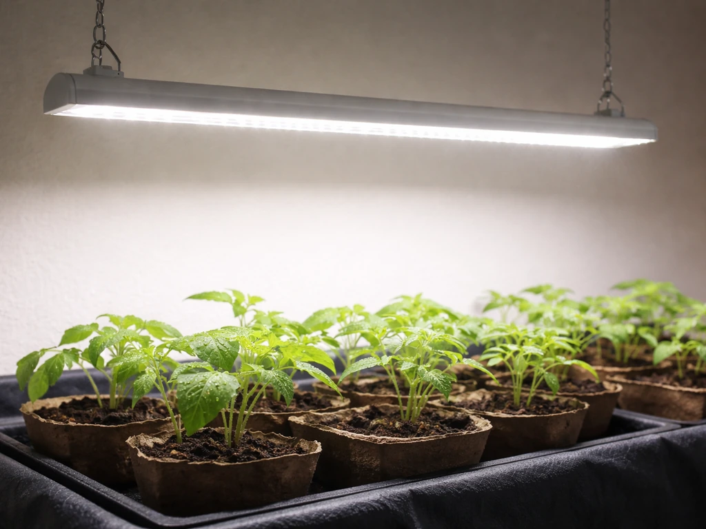 2-foot bar LED grow light shining on seedlings in a small indoor grow setup.
