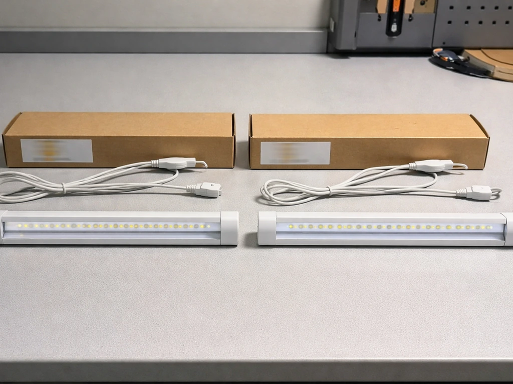 Two 2-foot LED grow light bars side-by-side on a simple bench for comparison.
