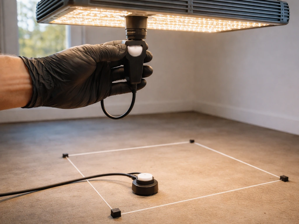 Gloved hand holding a PPFD quantum sensor probe under a grow light, measuring center and corner points.