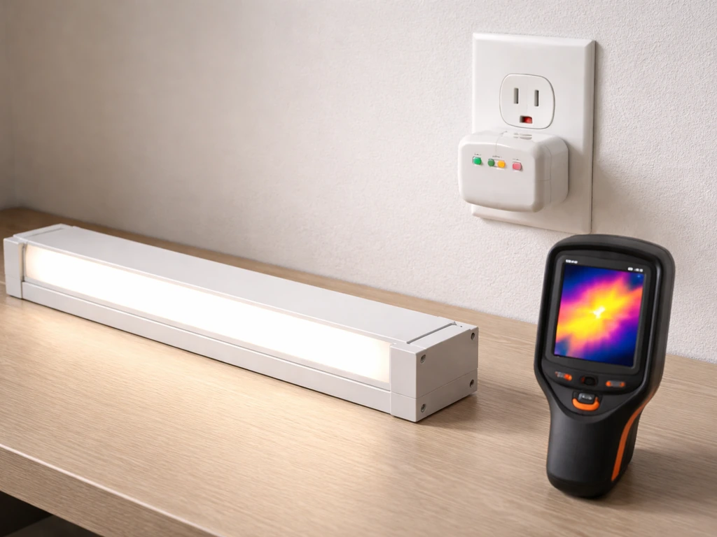 Close-up of an LED lamp with a small temperature reading and a wall outlet power meter setup